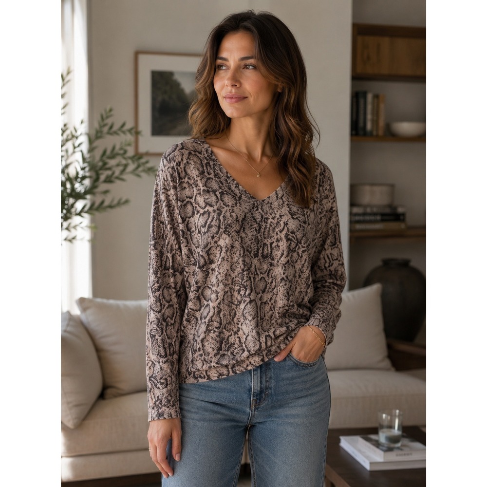 Apt. 9 Womens Snakeskin Print Top V Neck Long Sleeve Animal Print Blouse